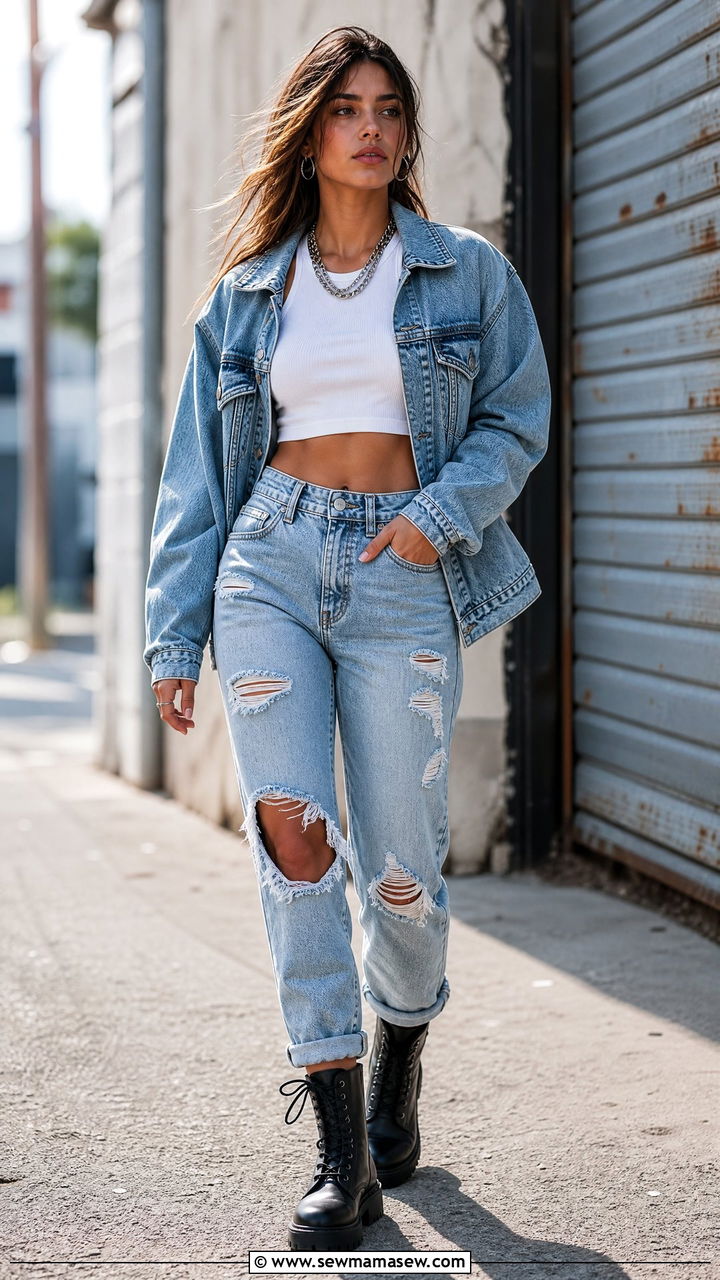 Denim on Denim With Ripped Jeans and Combat Boots - 35 Gigi Hadid summer outfit ideas