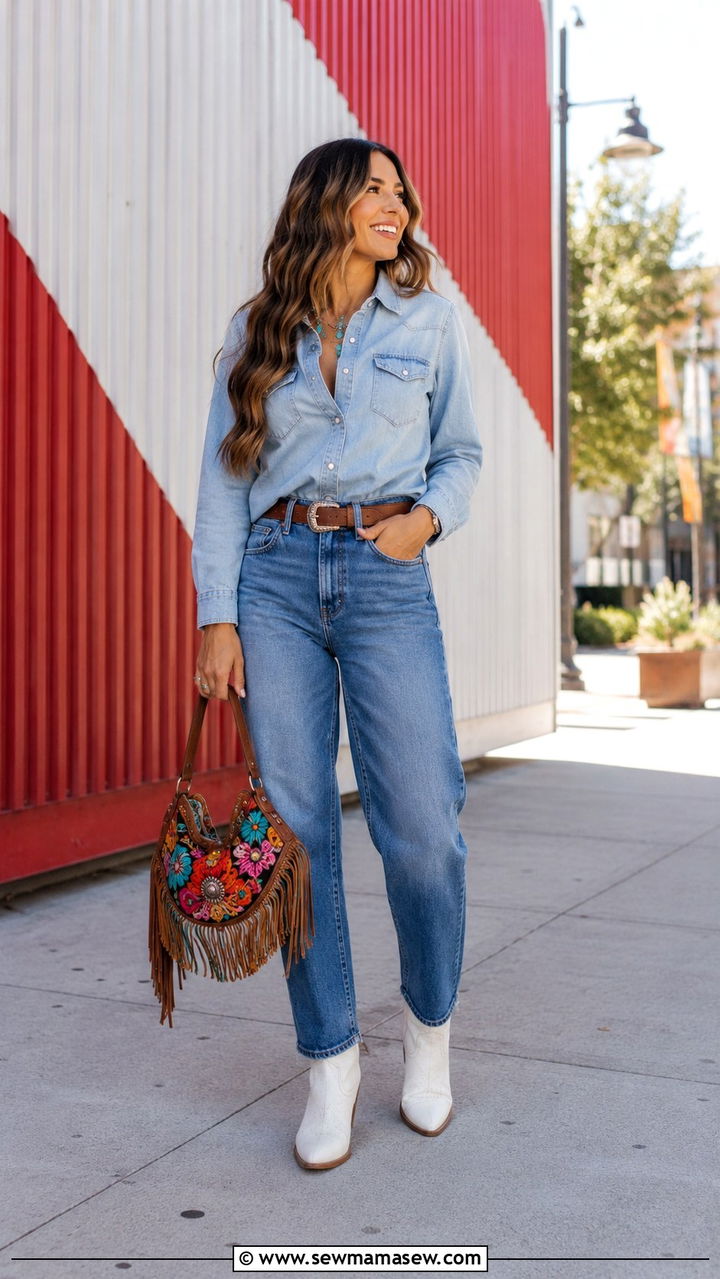 Denim on Denim With a Pop of Color and White Boots - 30 classy country concert outfit ideas