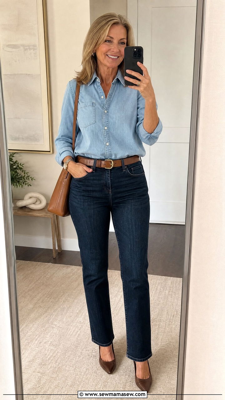Denim on Denim and Heels Outfit - 35 Jeans and heels outfit ideas over 50