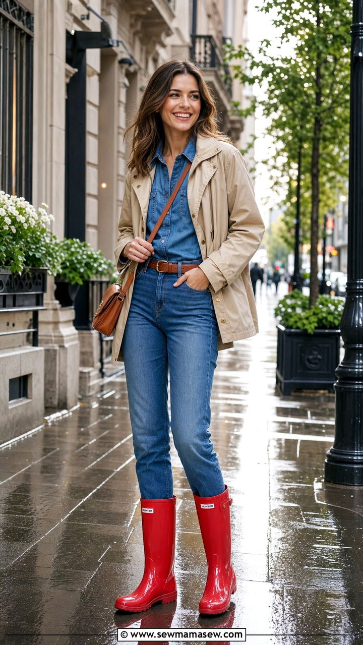 Denim on Denim with Colorful Rain Boots - 25 Drizzle outfit ideas