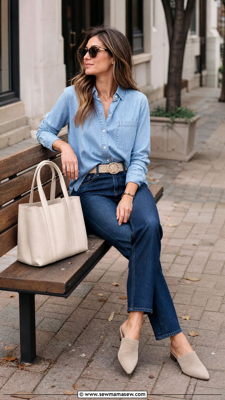Denim on Denim with Neutral Accessories - 25 Late summer early fall outfits