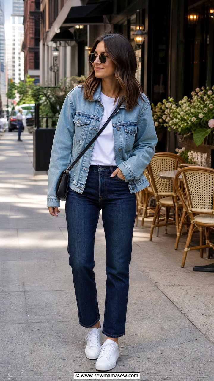 Denim on Denim with White Tee and Sneakers - 25 Chicago brunch outfit ideas