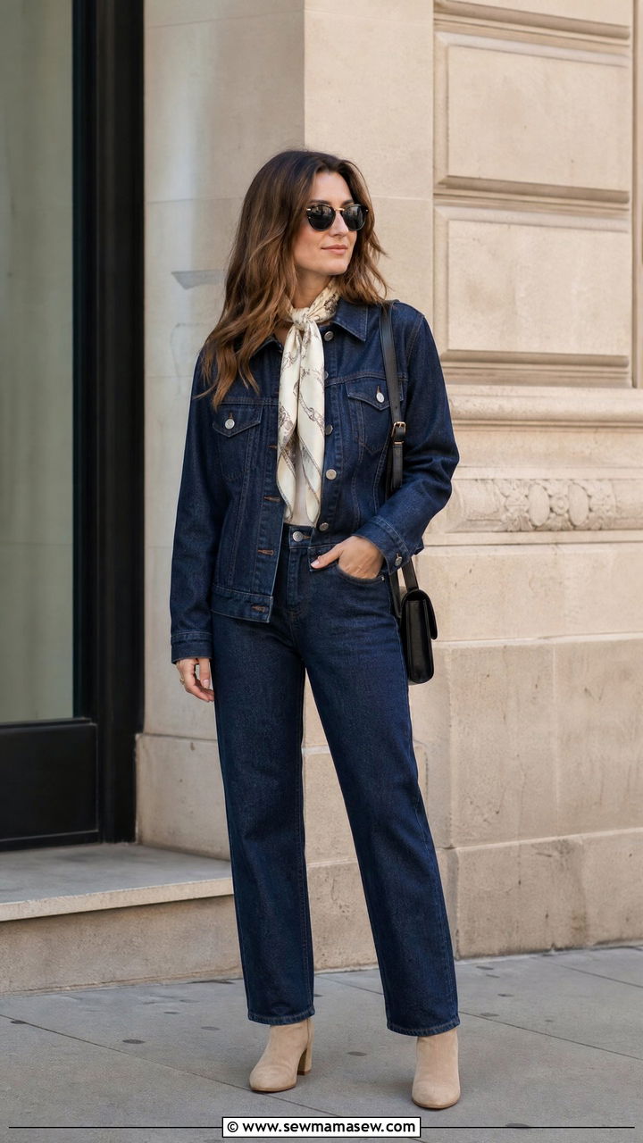 Denim on Denim with a Silk Scarf - 25 Fashion designer outfit ideas