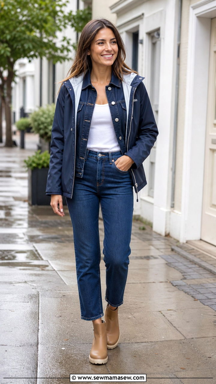 Denim on Denim with a Water Repellent Jacket - 40 rainy day outfits