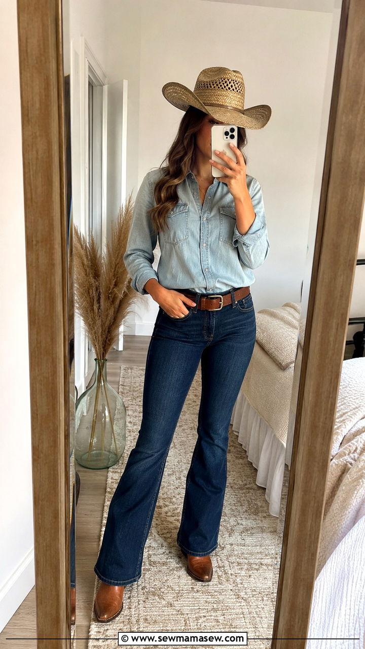 Denim on denim cowboy hat outfit - 25 Western outfit ideas with cowboy hat