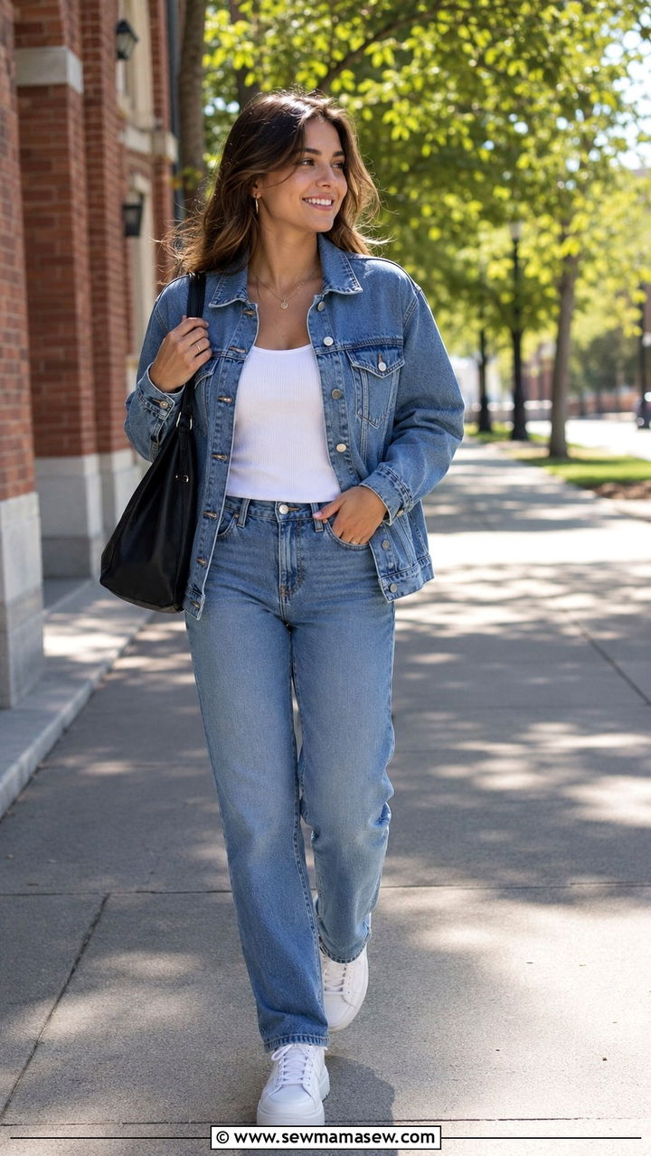 Denim on denim with sneakers outfit - 30 spring college outfit ideas