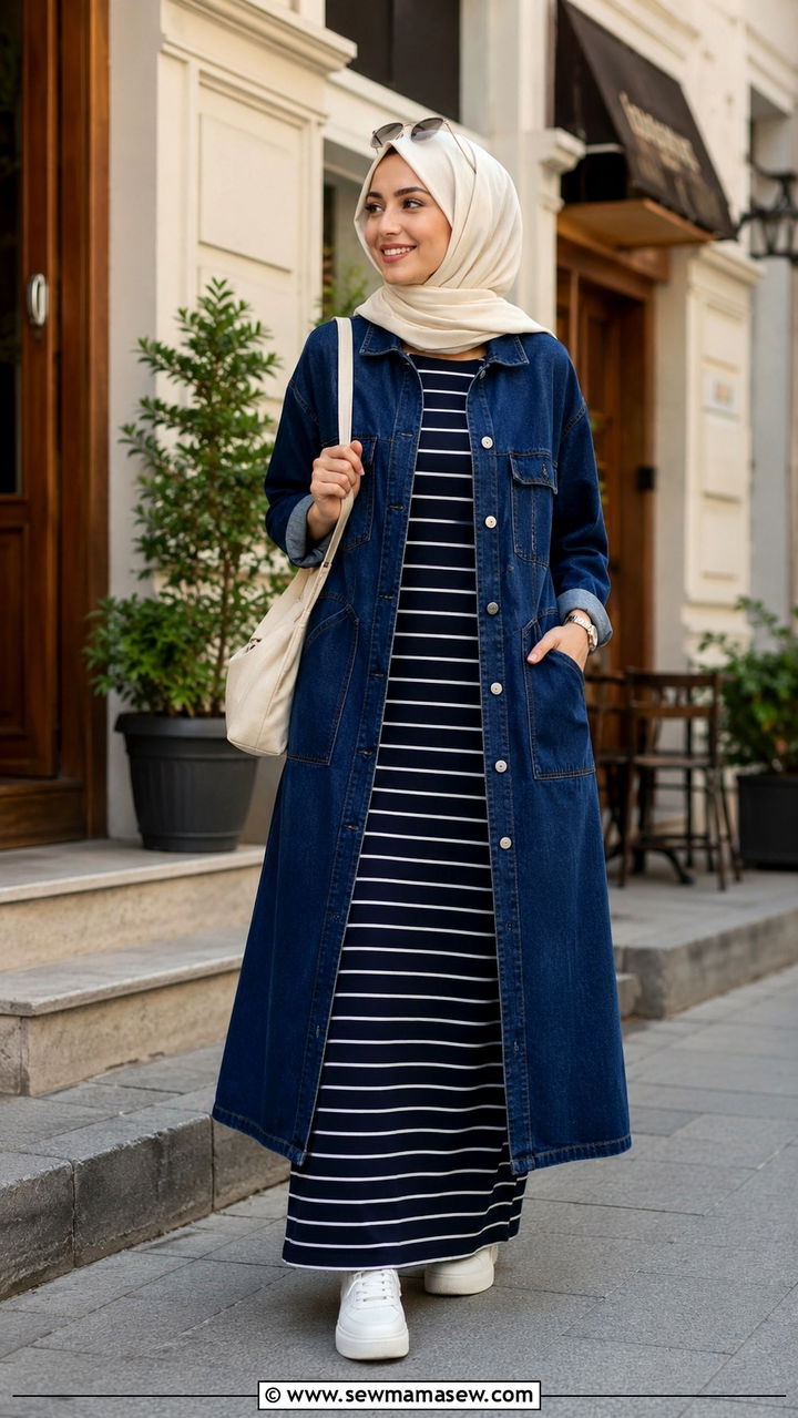 Denim outer layer with striped maxi dress - 30 Modest outfit ideas for Eid