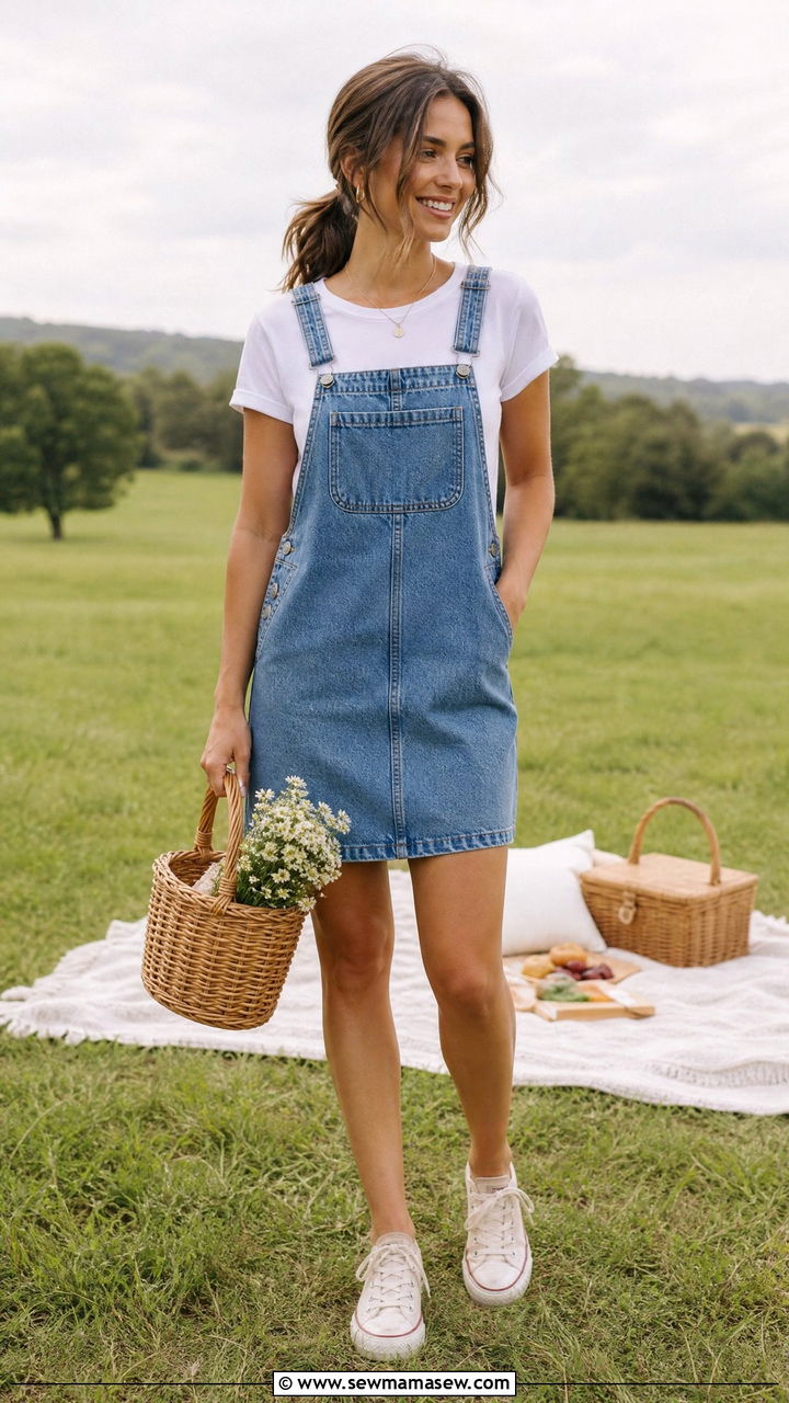 Denim overall dress with white tee outfit - 30 summer 90s outfit ideas