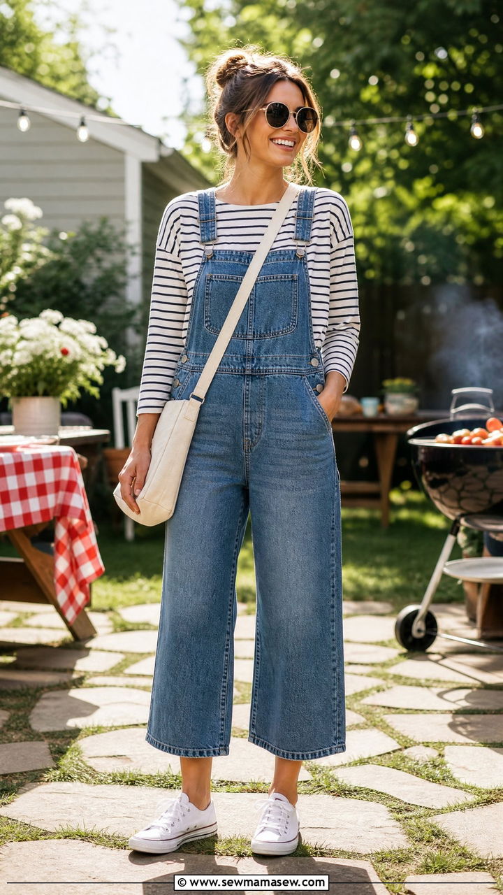 Denim overalls and a striped tee Labor Day weekend - 35 Labor Day weekend outfit ideas