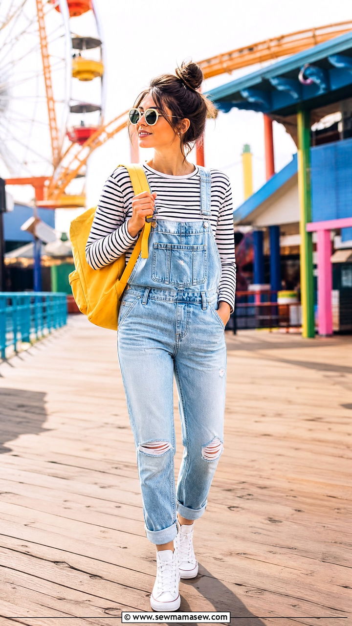 Denim overalls and a striped tee with funky geometric sunglasses - 30 Summer outfits with sunglasses