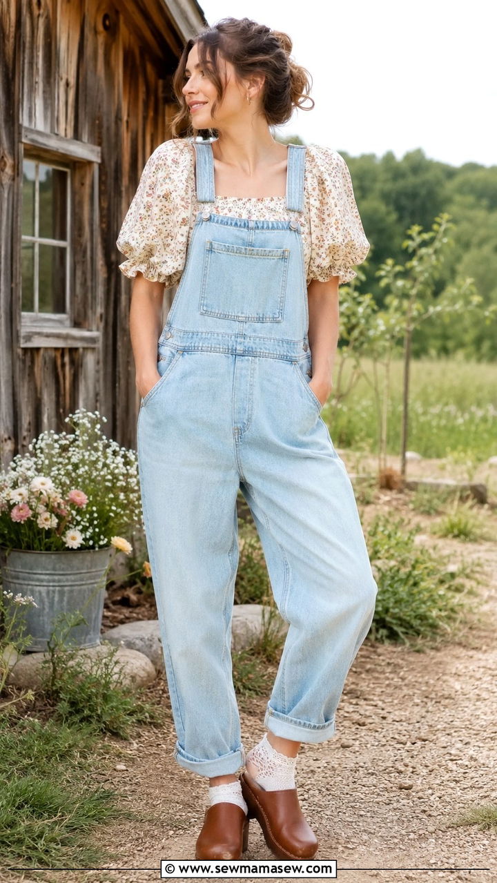 Denim overalls and floral puff sleeve top - 30 spring cottagecore outfit ideas