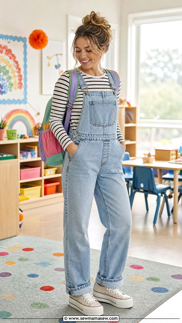 Denim overalls and striped tee teacher outfit - 30 summer teacher outfit ideas