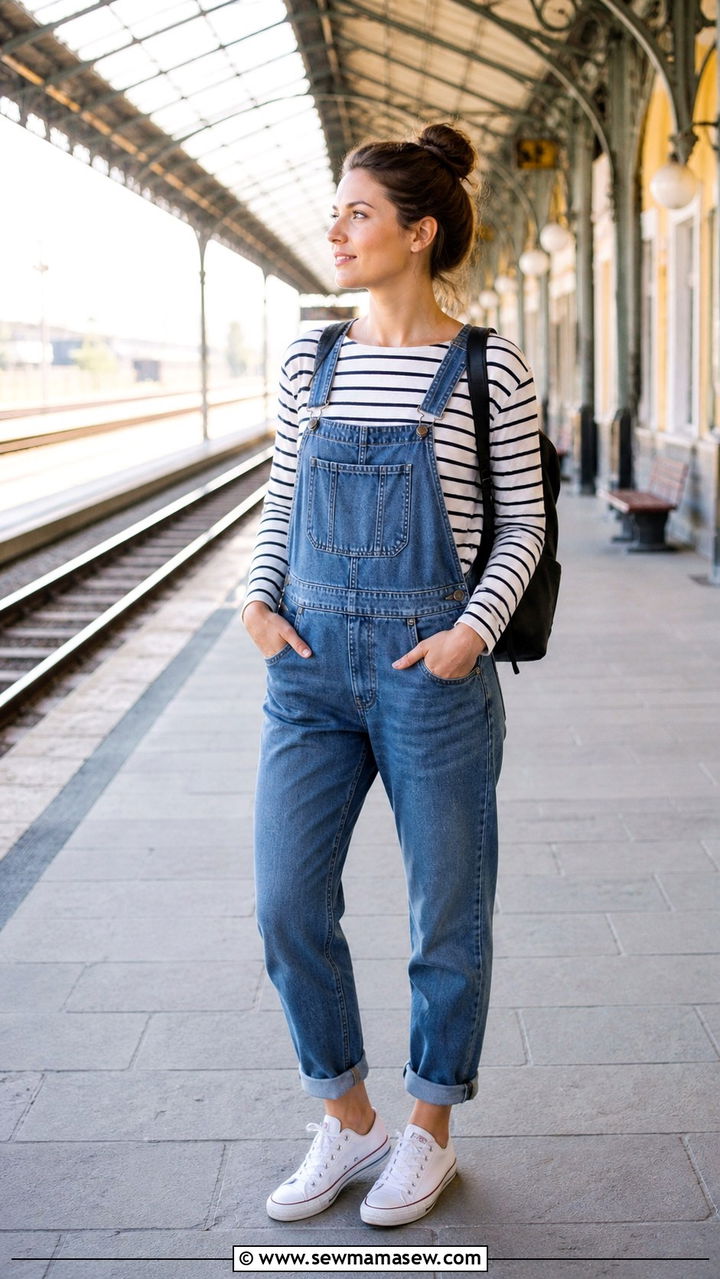 Denim overalls and striped tee travel outfit - 40 travel outfits for women