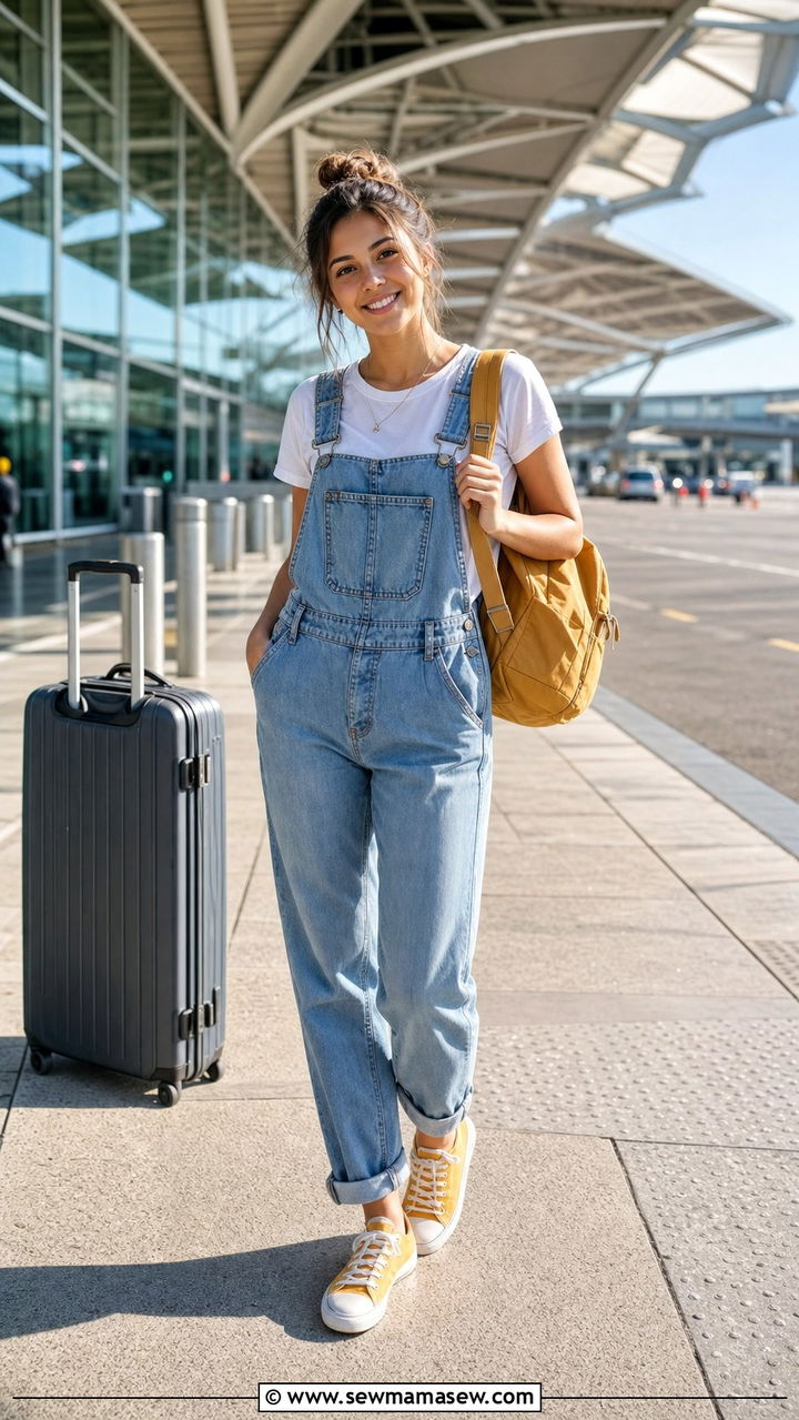 Denim overalls and white tee airport outfit - 35 airport outfits 2026