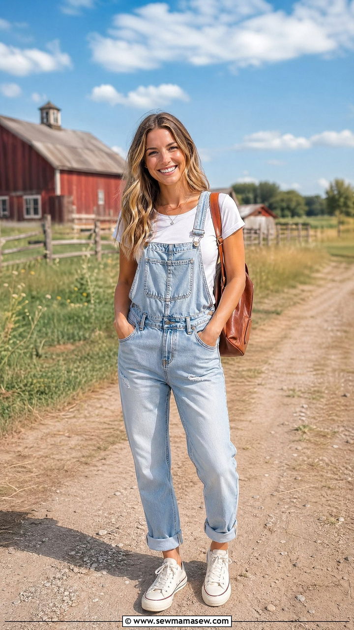 Denim overalls and white tee for farm vacation - 35 Family vacation outfit ideas