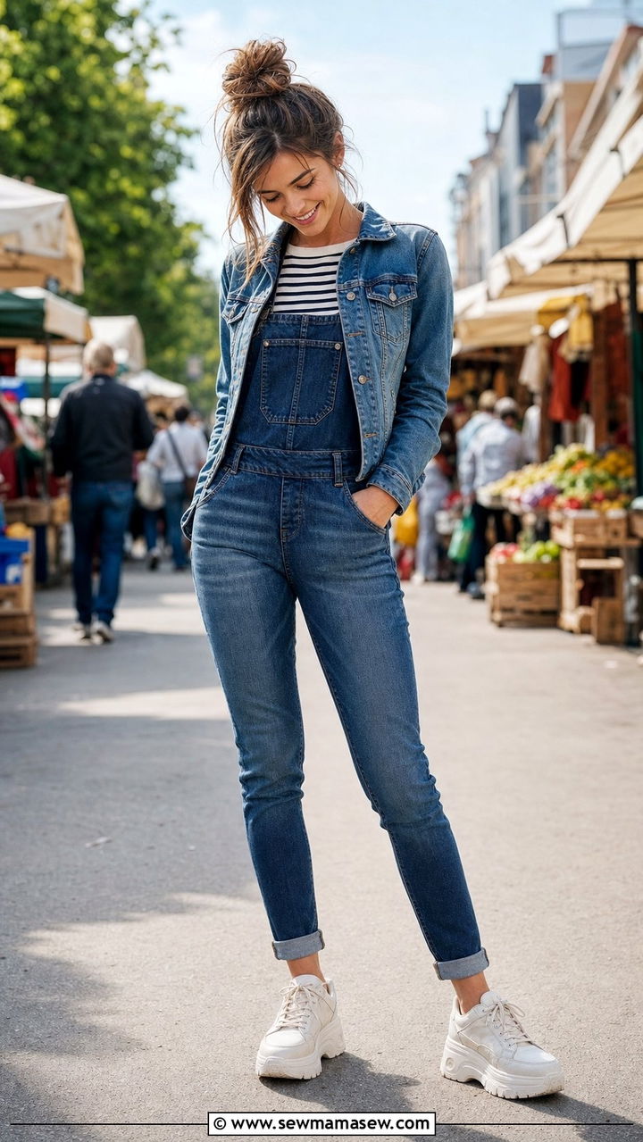 Denim overalls layered over a denim jacket - 25 Double denim outfit ideas petite