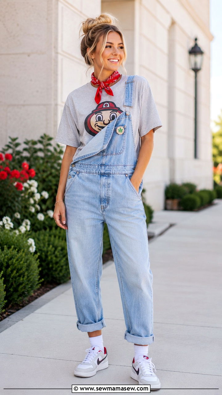 Denim overalls outfit with Ohio State tee - 20 Gameday outfit ideas Ohio State
