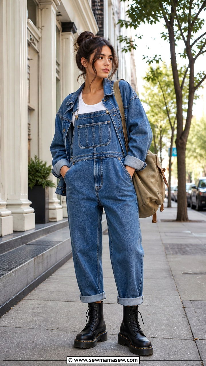 Denim overalls with a denim jacket - 40 Denim on denim outfit ideas