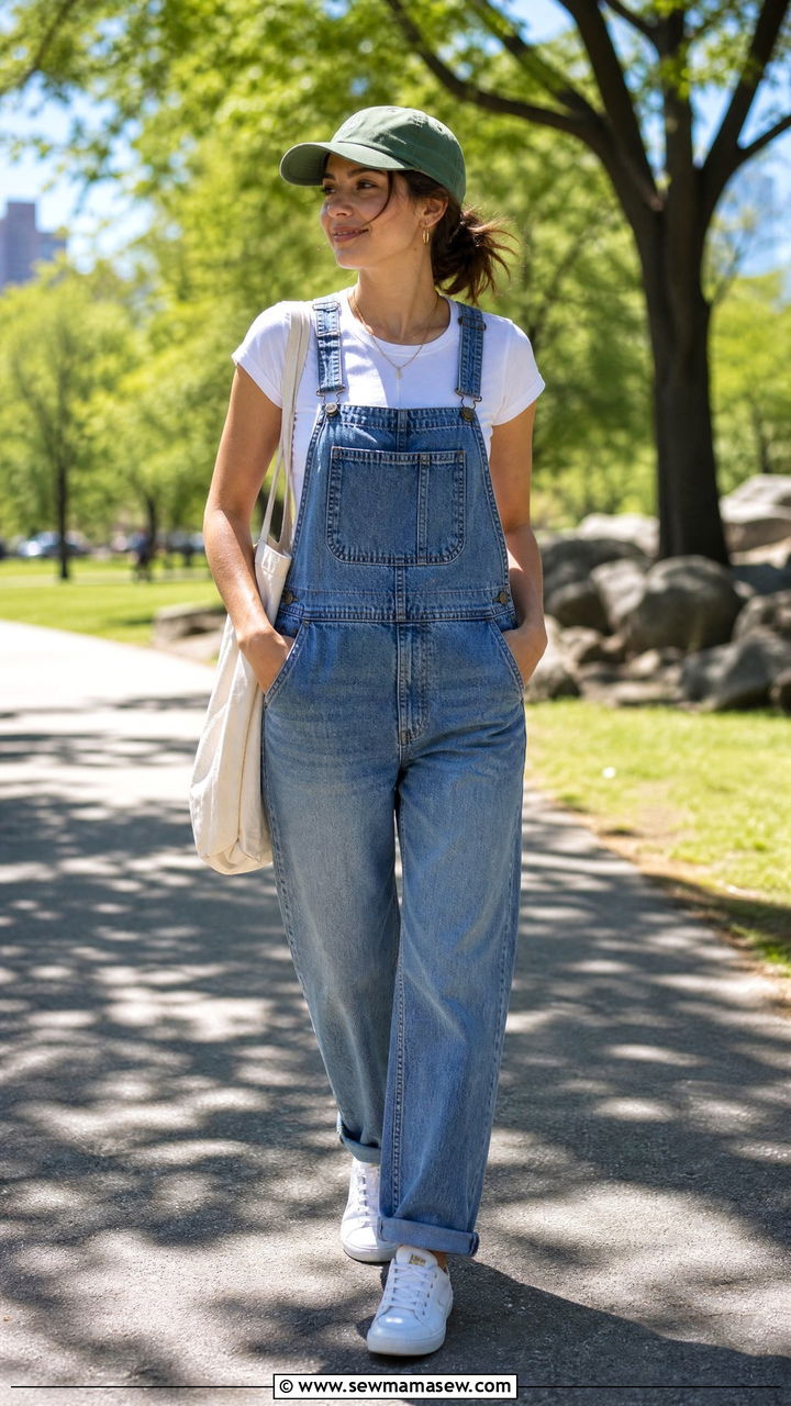 Denim overalls with a fitted white crewneck tee - 30 Denim and white outfit ideas