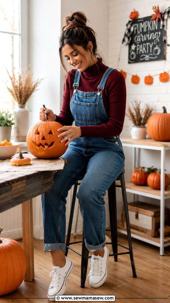 Denim overalls with a turtleneck and sneakers - 30 Pumpkin carving party outfit ideas