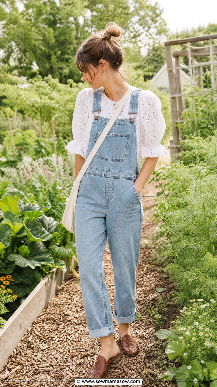 Denim overalls with puff sleeve blouse - 25 classy cottagecore outfit ideas