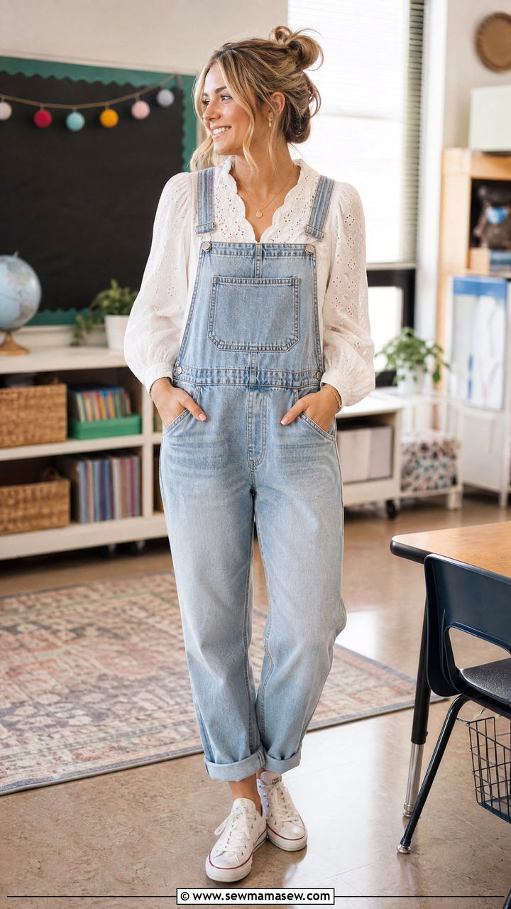 Denim overalls with statement collar blouse - 30 Summer outfit ideas for teacher