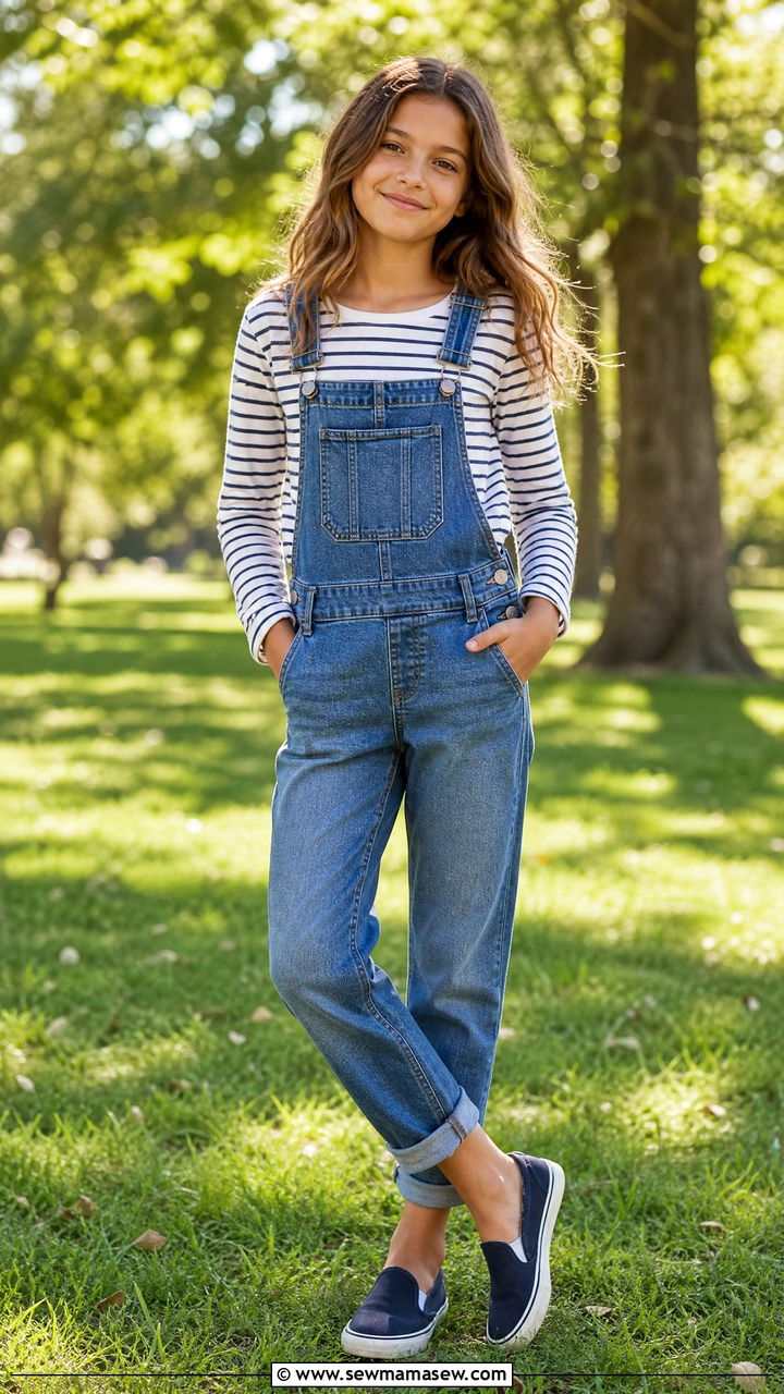 Denim overalls with striped long sleeve tee - 25 Tween outfit ideas for 12 year olds