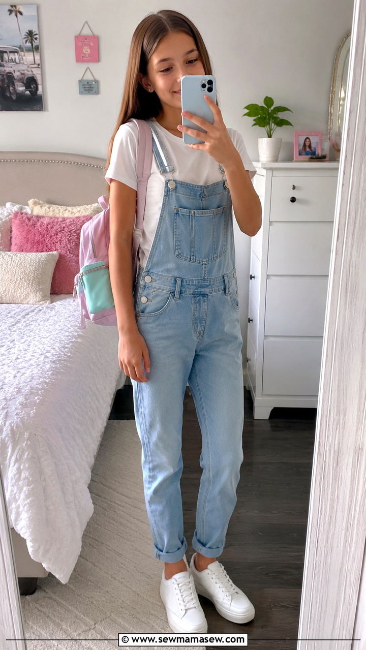 Denim overalls with white basic tee and sneakers - 30 Spring outfits for tweens