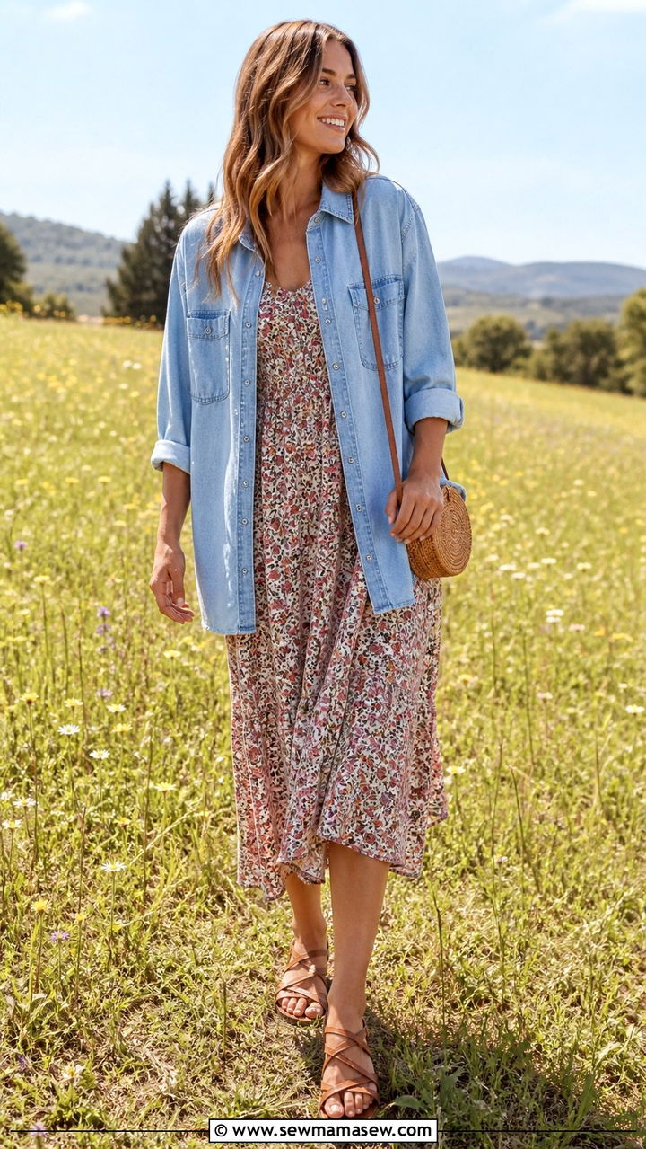 Denim oversized button down as a jacket over a floral dress and sandals - 40 Oversized button down outfit ideas