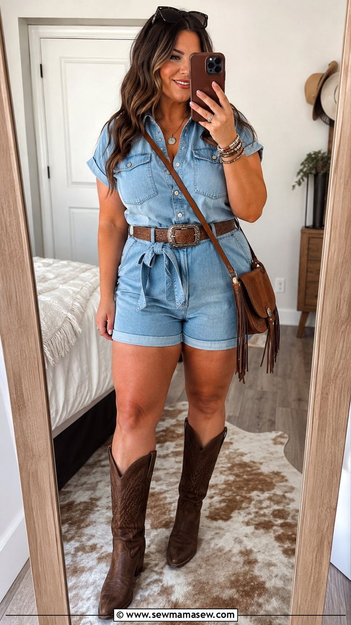Denim romper with tall cowboy boots - 30 plus size country concert outfit ideas