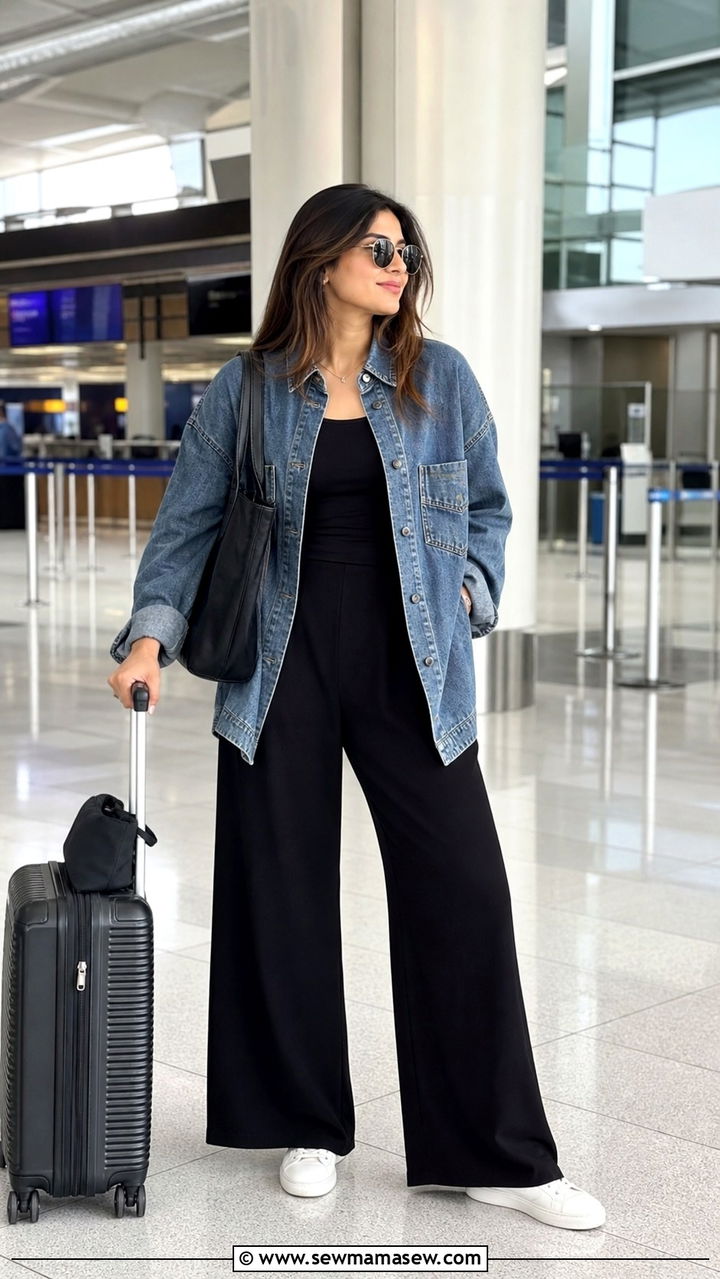 Denim shacket with black wide leg palazzo pants and a fitted top - 40 travel outfits