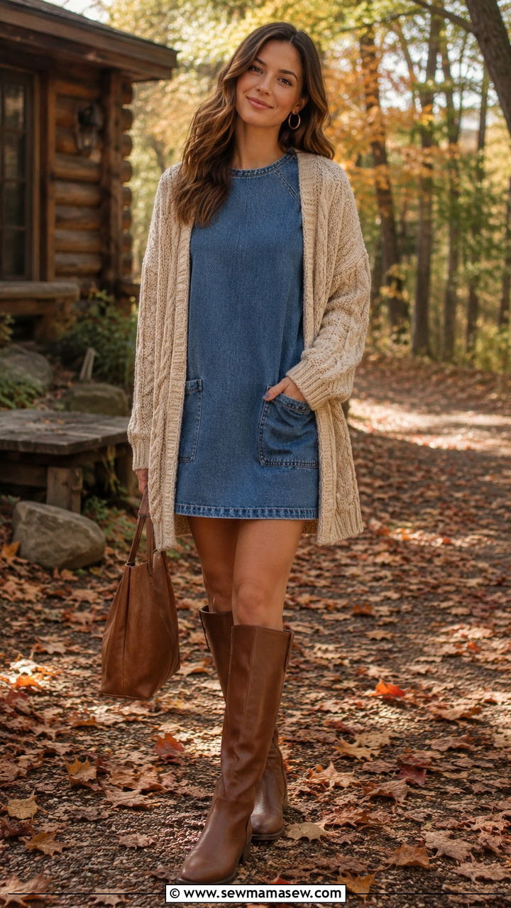Denim shift dress with chunky cardigan and knee high boots - 25 Shift dress outfit ideas with a cardigan