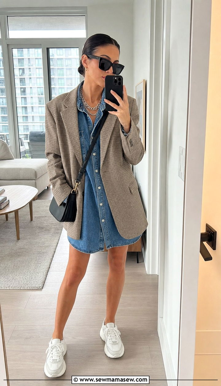 Denim shirt dress with oversized blazer - 25 Shirt dress outfit ideas with a blazer