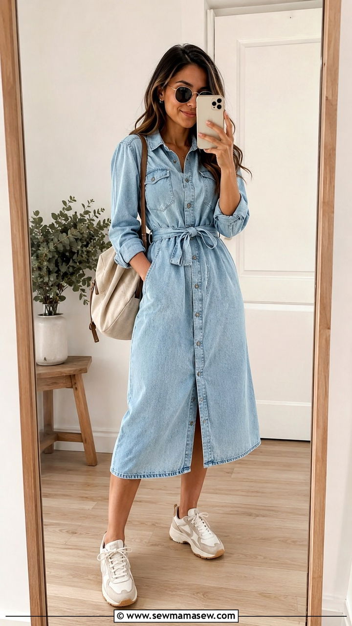 Denim shirt dress with sneakers outfit - 30 how to style shirt dress