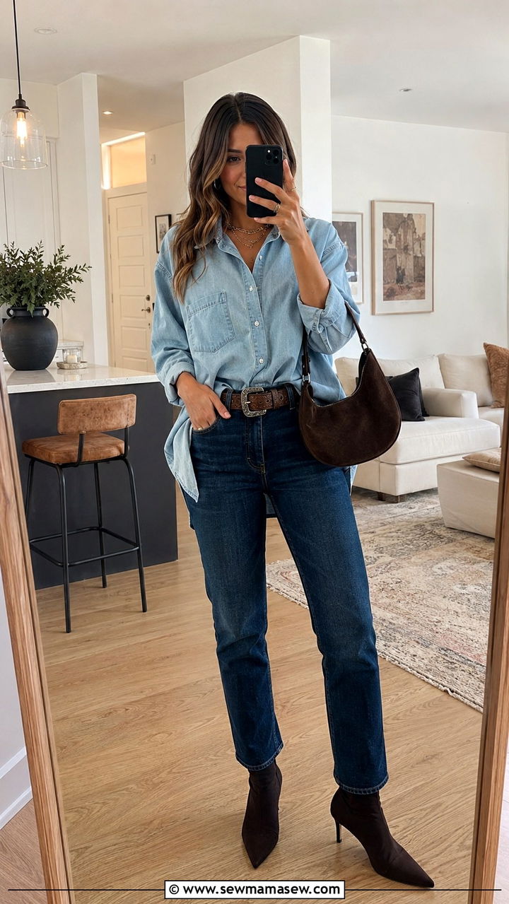 Denim shirt half tucked with belt and jeans - 30 Denim shirt and jeans outfit ideas