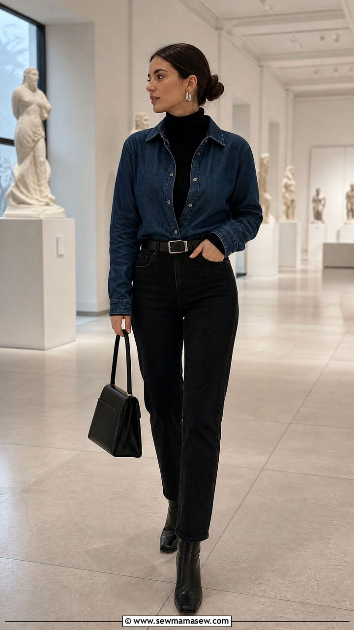 Denim shirt layered over a turtleneck with jeans - 30 Denim shirt and jeans outfit ideas