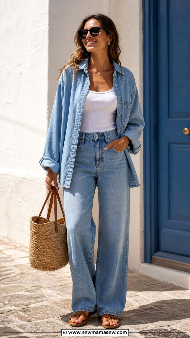 Denim shirt open over a white tank with relaxed jeans - 40 Denim on denim outfit ideas