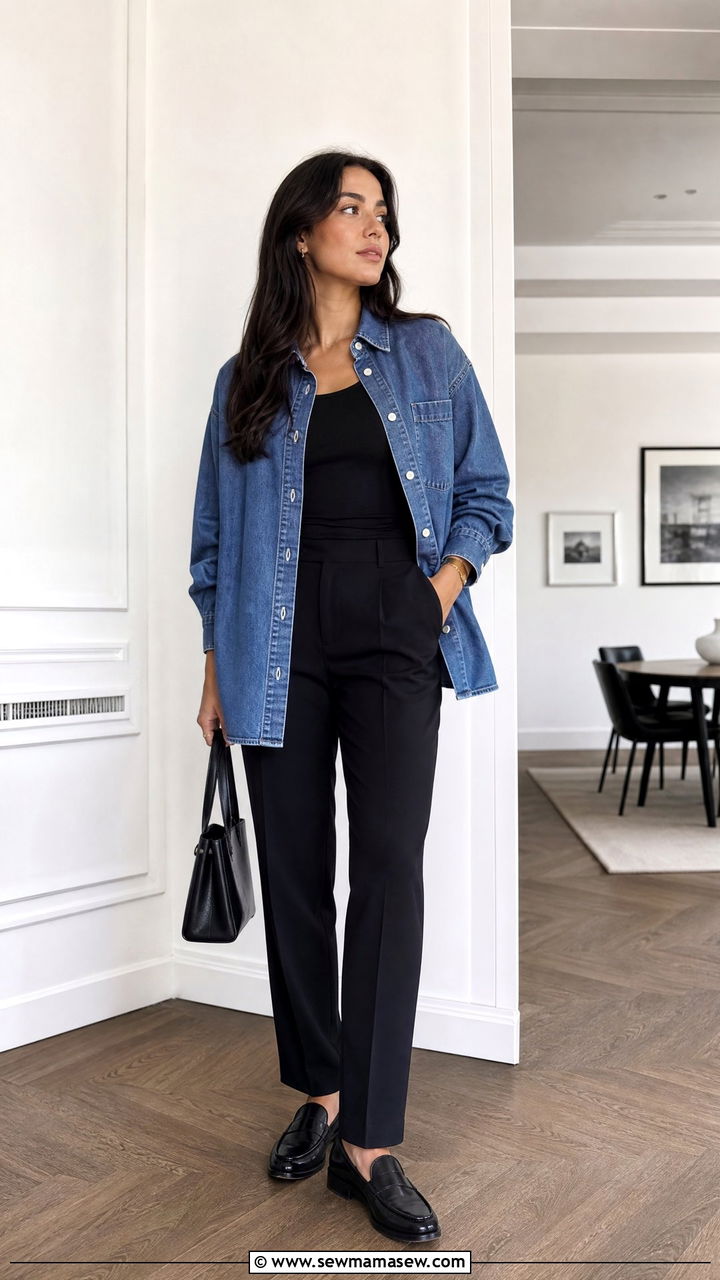 Denim shirt open over bra top with tailored trousers and loafers - 35 Hailey Bieber spring outfit ideas