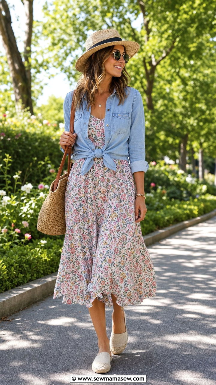 Denim shirt tied at the waist over a floral sundress - 25 Denim shirt outfit ideas 2026