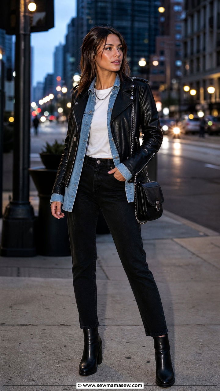 Denim shirt with a leather jacket and jeans - 30 Denim shirt and jeans outfit ideas