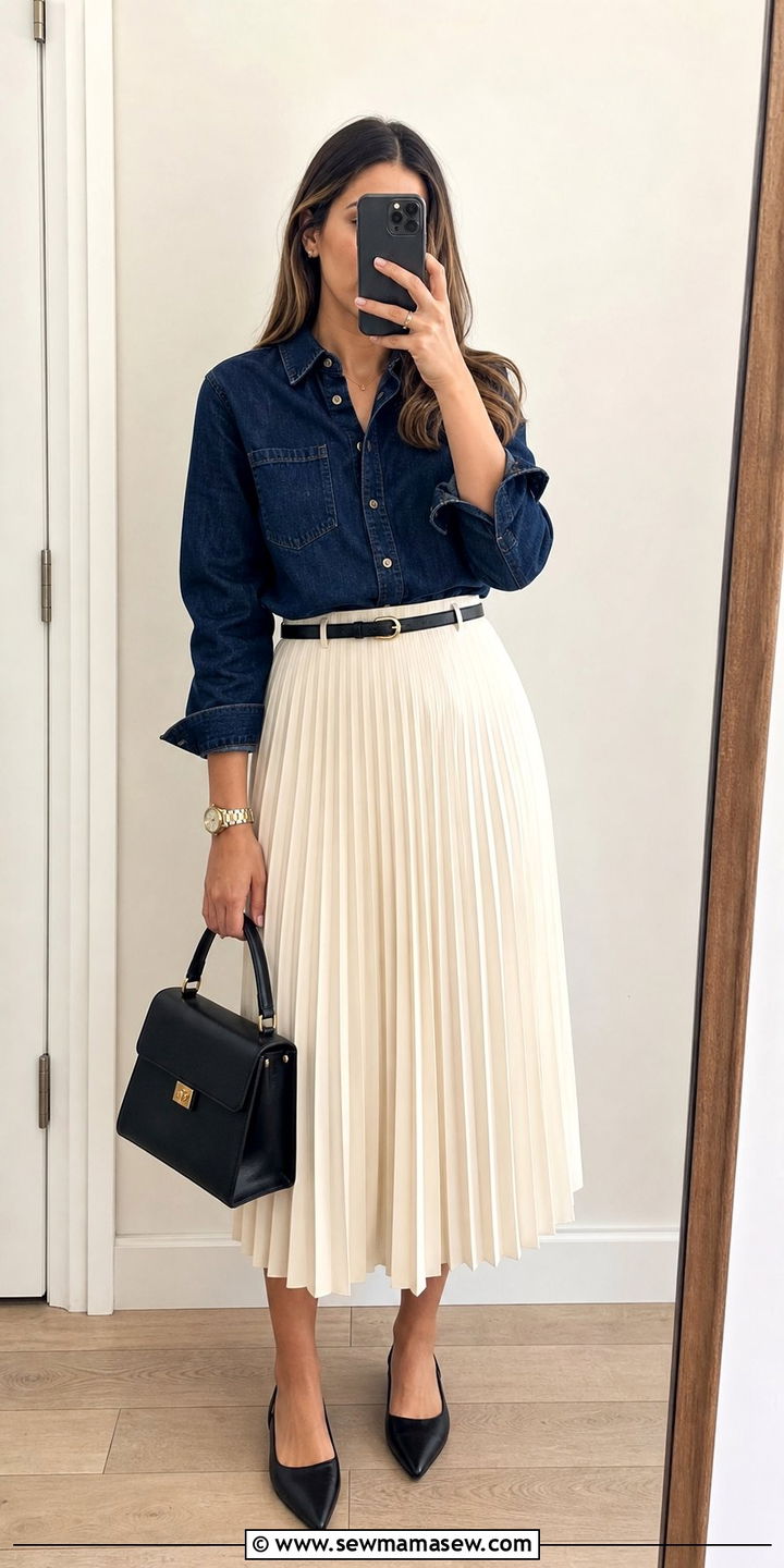 Denim shirt with a pleated midi skirt in cream - 25 Denim shirt outfit ideas 2026