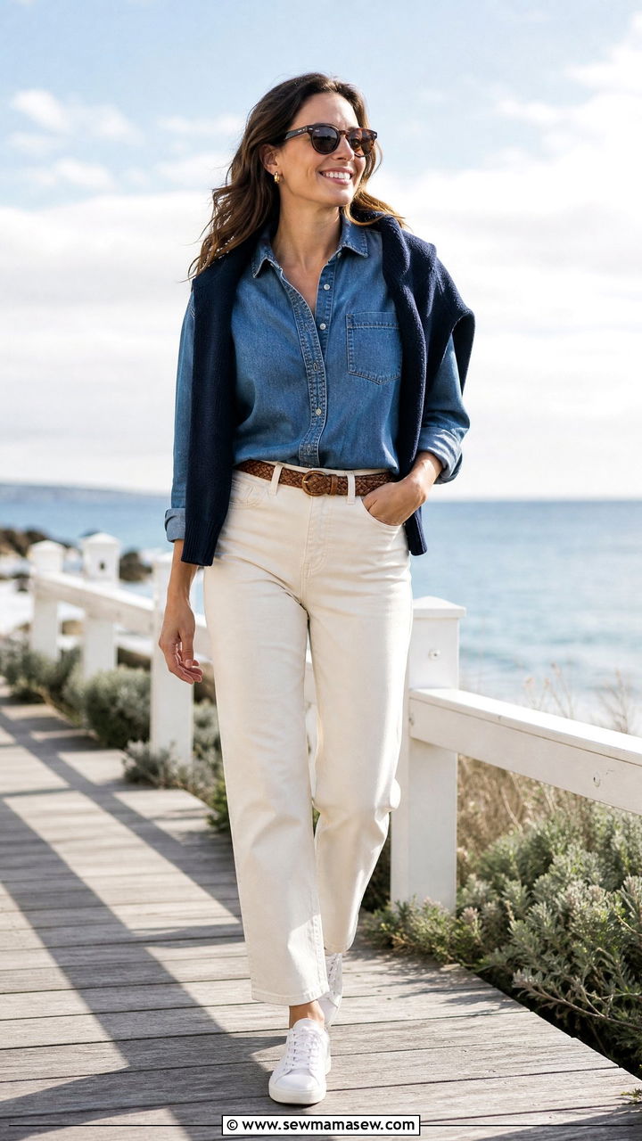 Denim shirt with a sweater over the shoulders and jeans - 30 Denim shirt and jeans outfit ideas