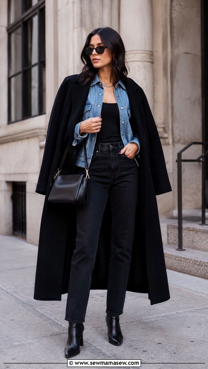 Denim shirt with an all black base and jeans - 30 Denim shirt and jeans outfit ideas