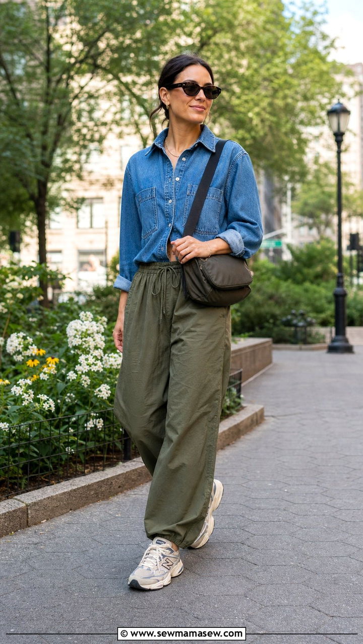 Denim shirt with olive green parachute pants - 25 Denim shirt outfit ideas 2026