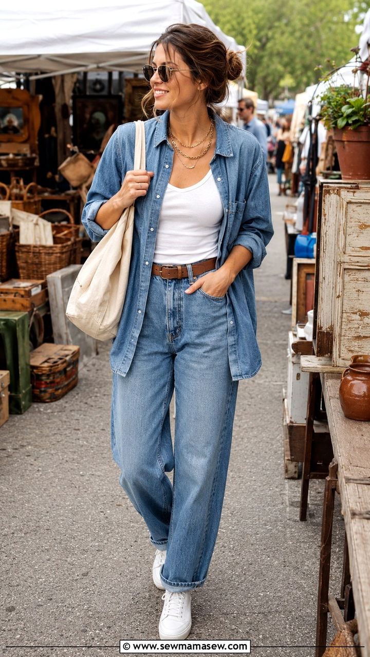 Denim shirt with relaxed jeans - 30 classy outfits inspo
