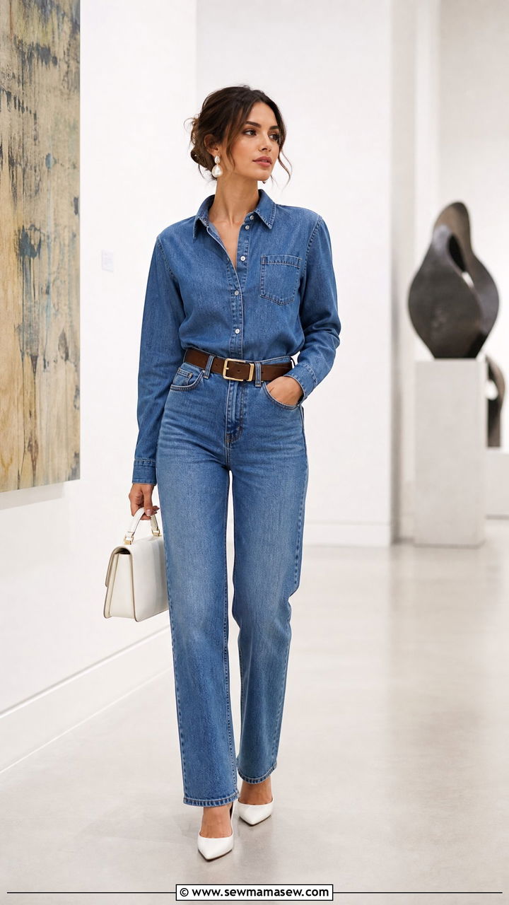 Denim shirt with same wash jeans monochromatic - 30 Denim shirt and jeans outfit ideas
