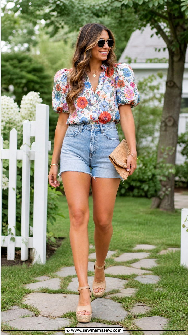 Denim shorts and a statement puff sleeve blouse Labor Day weekend - 35 Labor Day weekend outfit ideas
