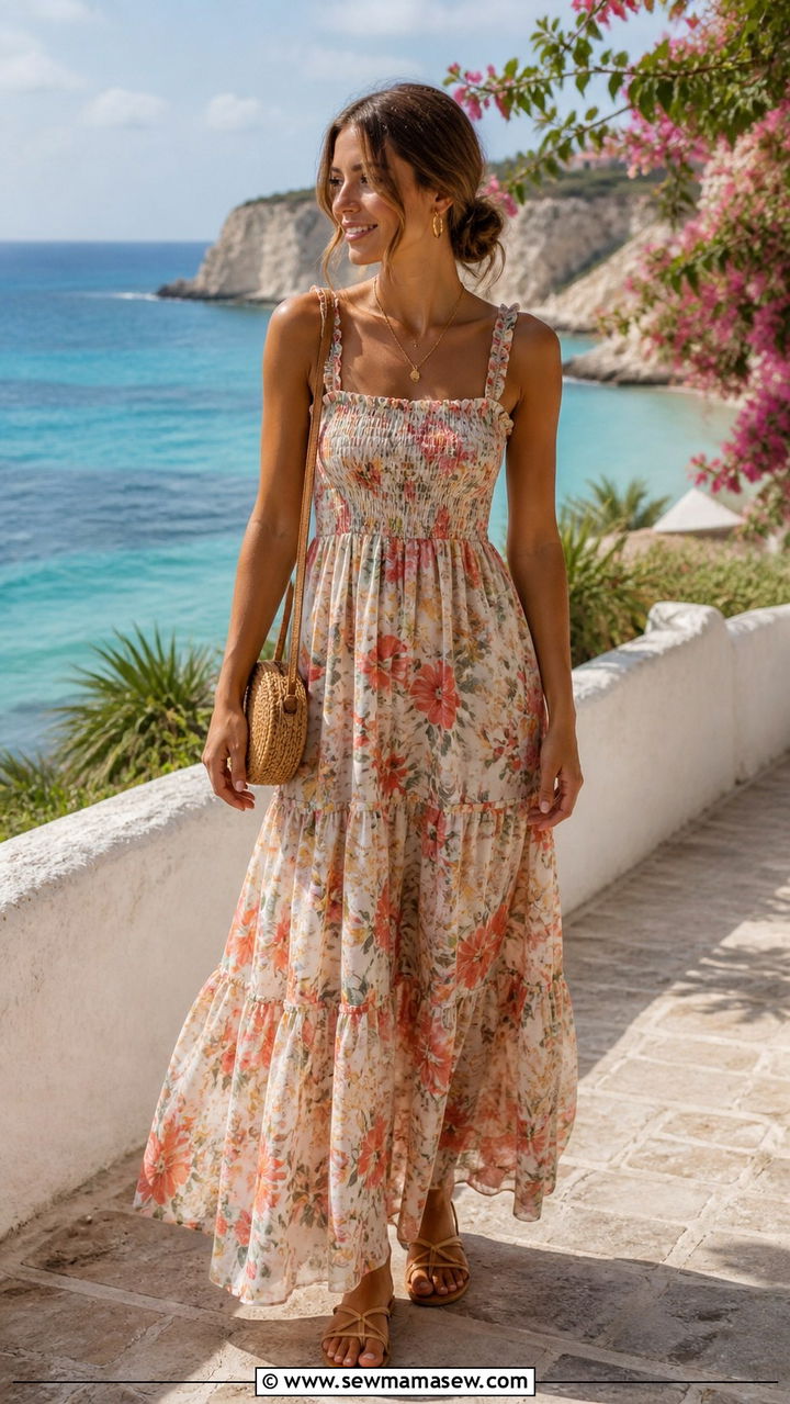Denim shorts and flowy blouse - 40 Hot weather vacation outfit ideas