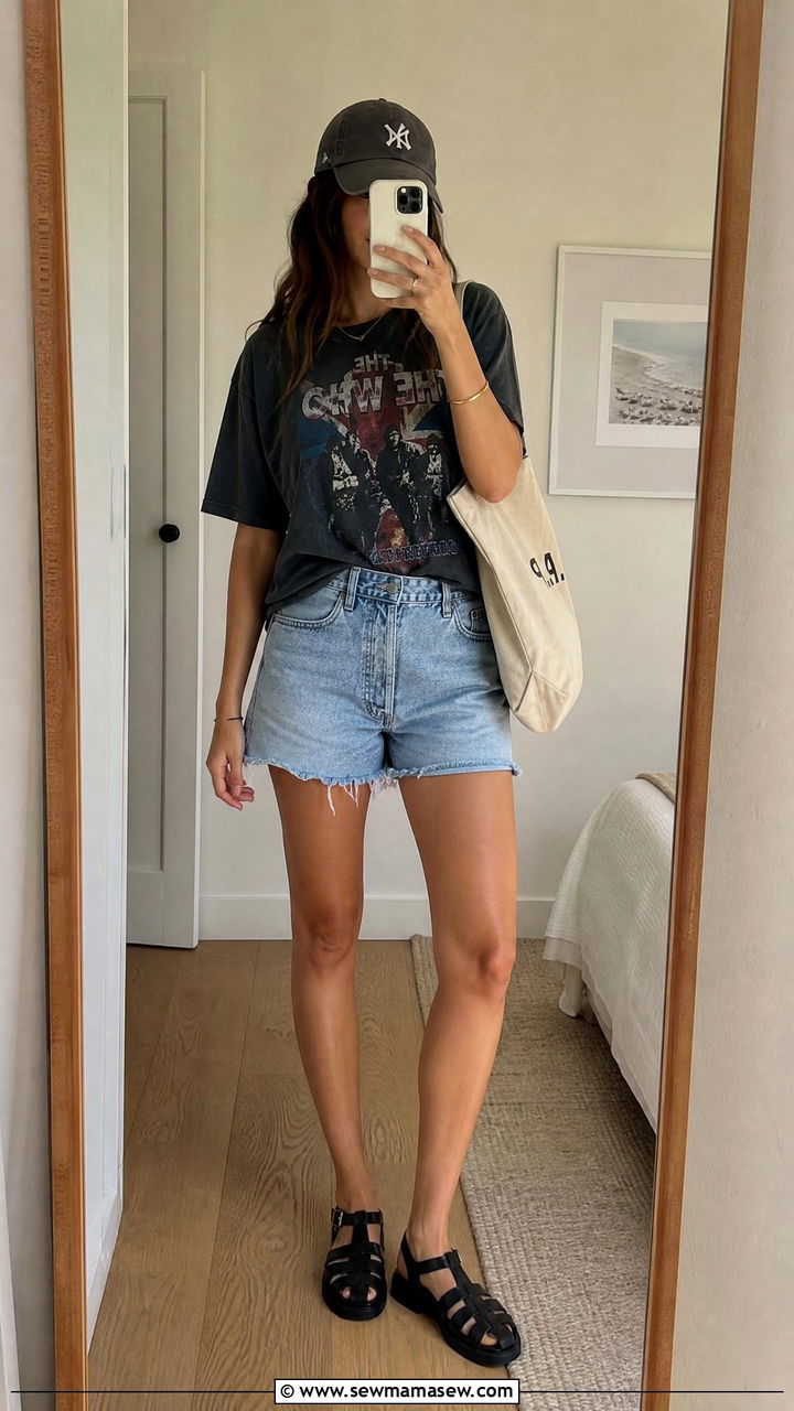 Denim shorts and graphic tee with chunky flat sandals - 30 summer outfits with flat sandals