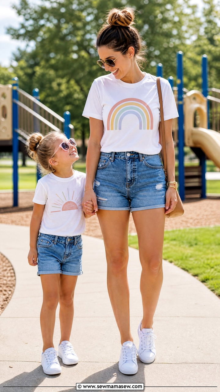 Denim shorts and graphic tee with comfy sneakers outfit - 30 Summer mommy and me outfits